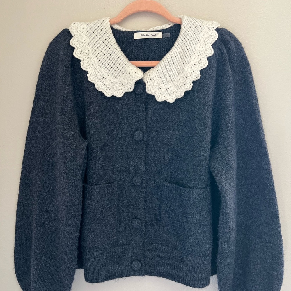 ☀️ Mustard Seed Navy Knit Cardigan with White Crochet Collar